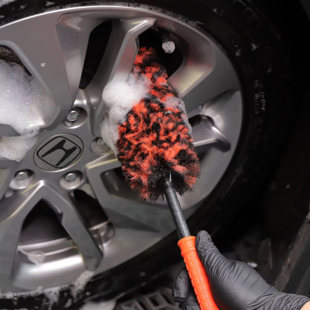 SPTA Cepillo limpiador de llantas, juego de 3 cepillos sintéticos para ruedas, cepillo de limpieza de rueda de radios planos, cepillo para limpiar ruedas, seguro para automóviles