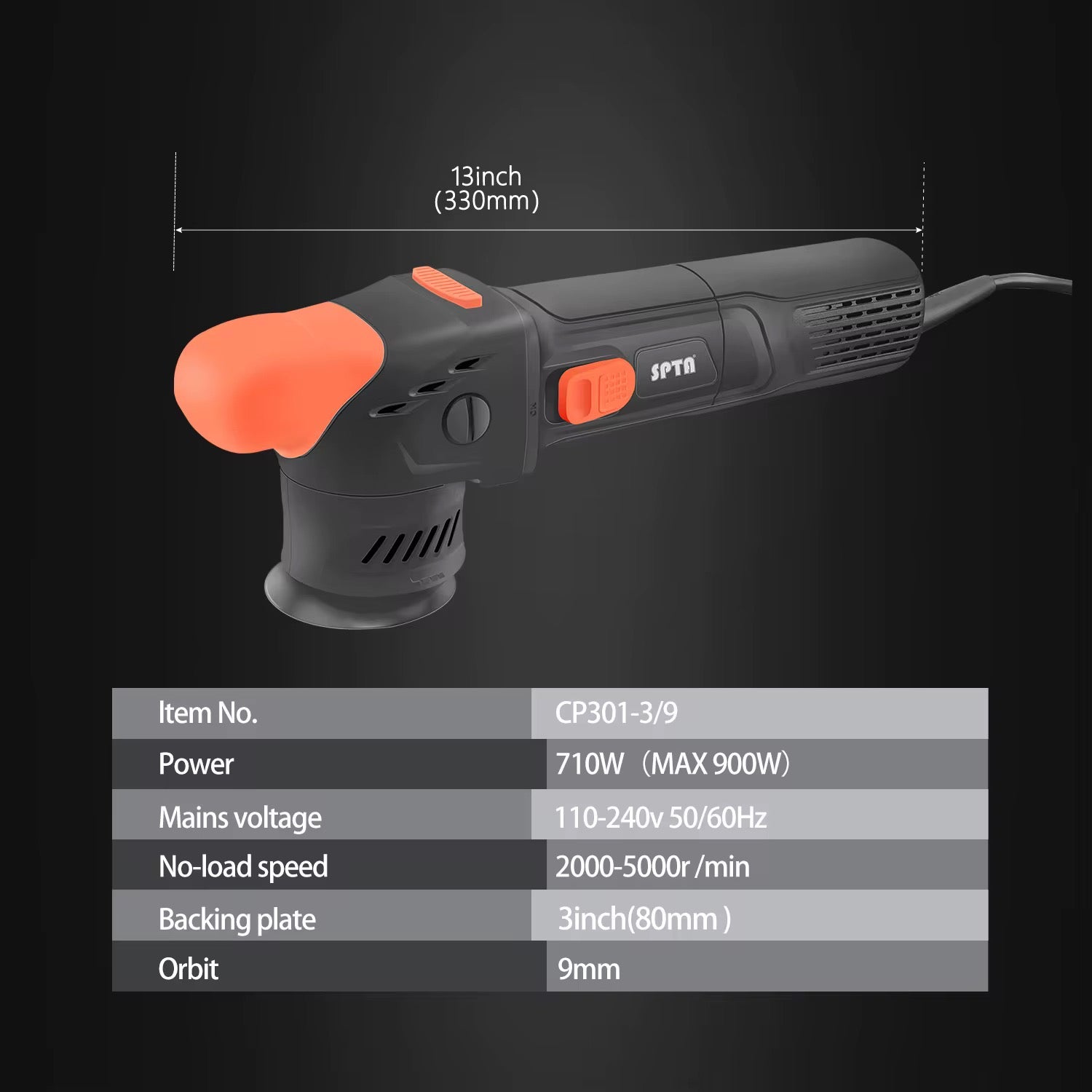 Pulidora de Doble Acción SPTA CP301-3/9 Orbit de 9 mm, Negra y Naranja, de 3 Pulgadas, con Cable de Alimentación de 5
Metros y Velocidad Constante