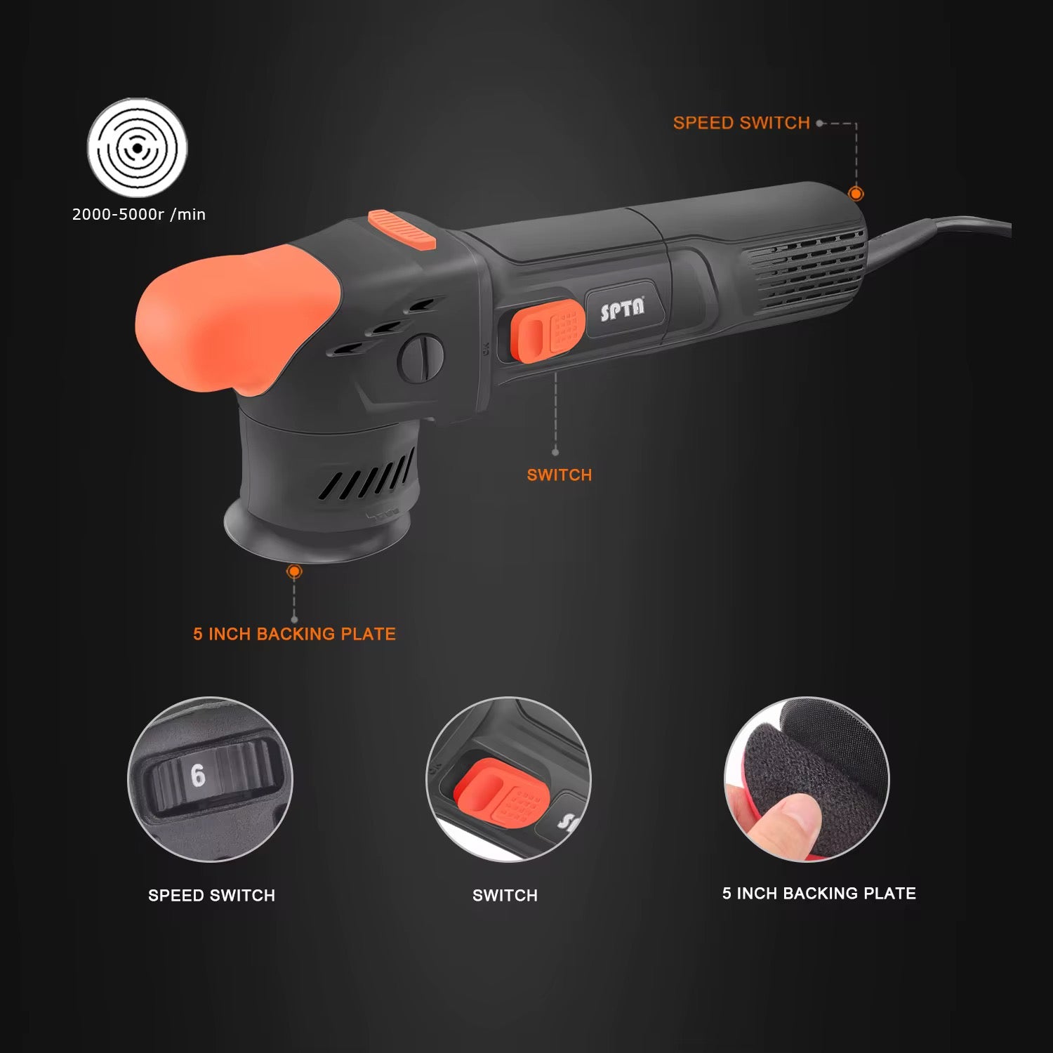 Pulidora de Doble Acción SPTA CP301-3/9 Orbit de 9 mm, Negra y Naranja, de 3 Pulgadas, con Cable de Alimentación de 5
Metros y Velocidad Constante